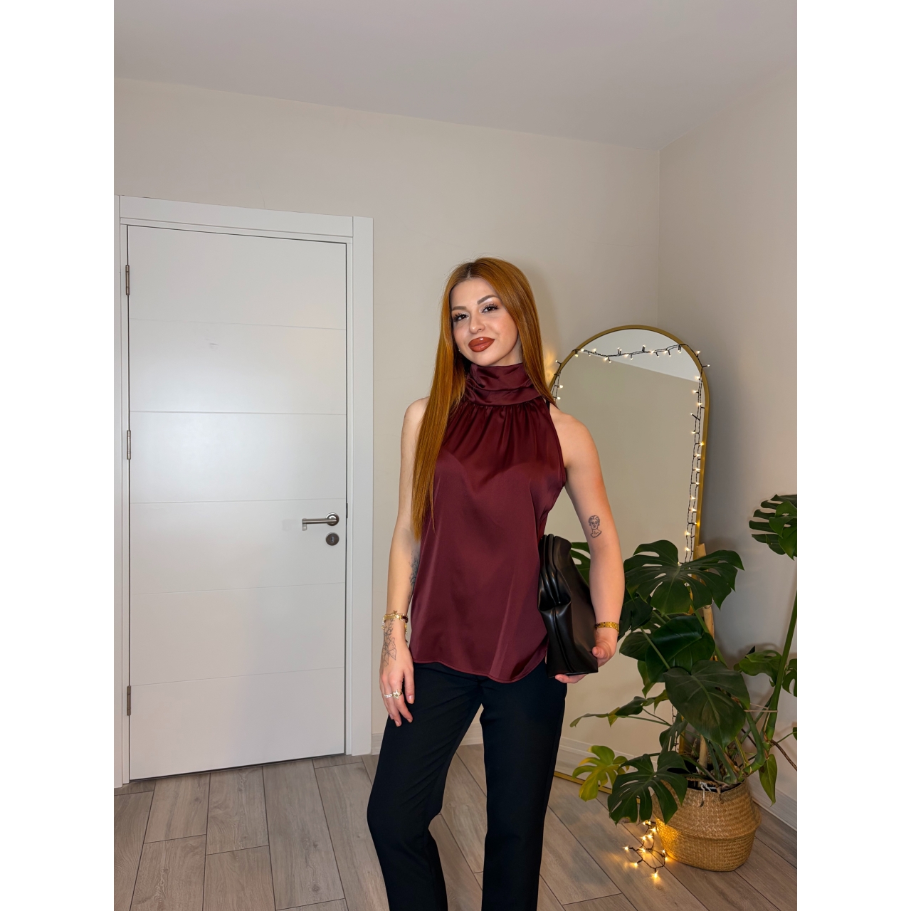 Bordo Saten Yüksek Büzgülü Yaka Bluz