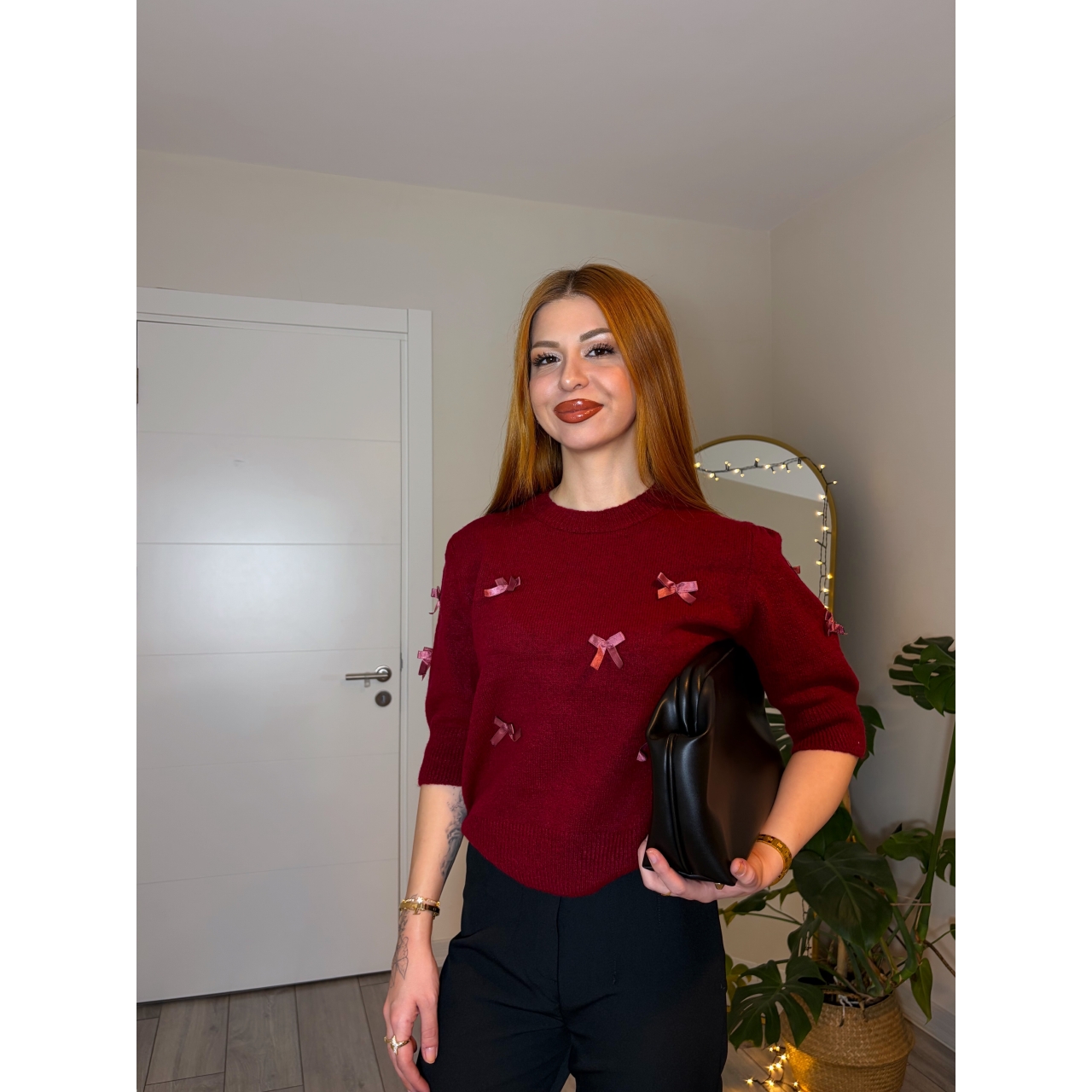 Şarap Kırmızısı Fiyonk Detaylı Triko Kazak