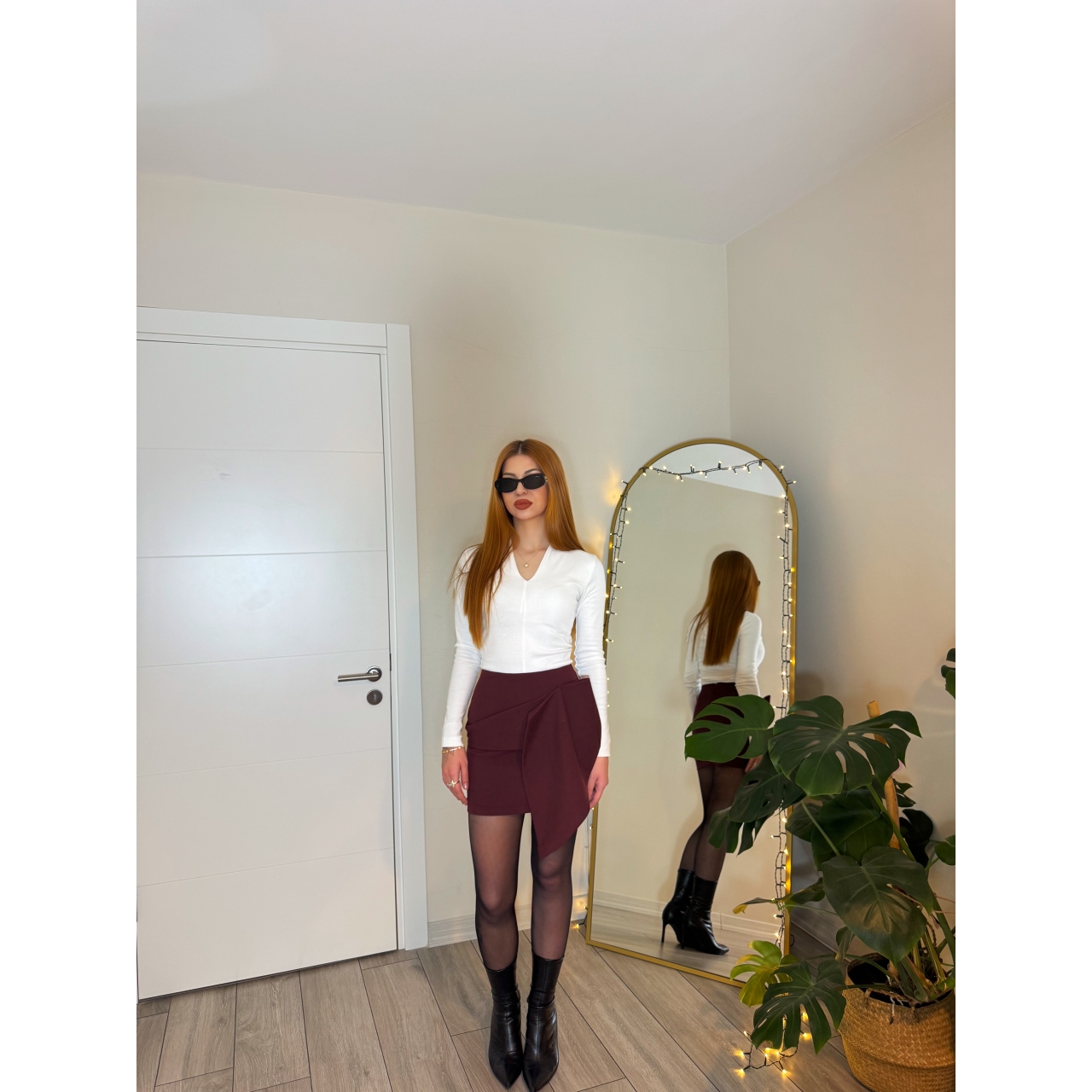 Şarap Bordosu Ön Panelli Asimetrik Mini Etek