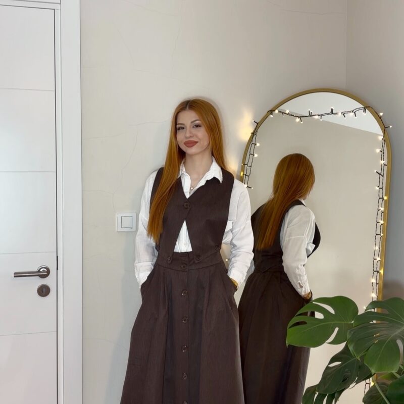 Vintage Esintili Kahverengi Yelek Takım