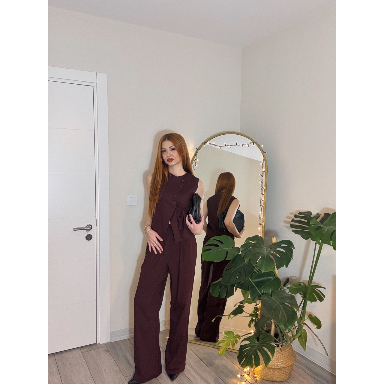 Bordo Asimetrik Düğmeli Takım