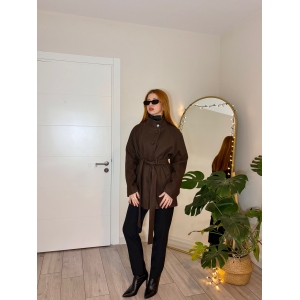 Kahverengi Kuşaklı Kaşe Kaban